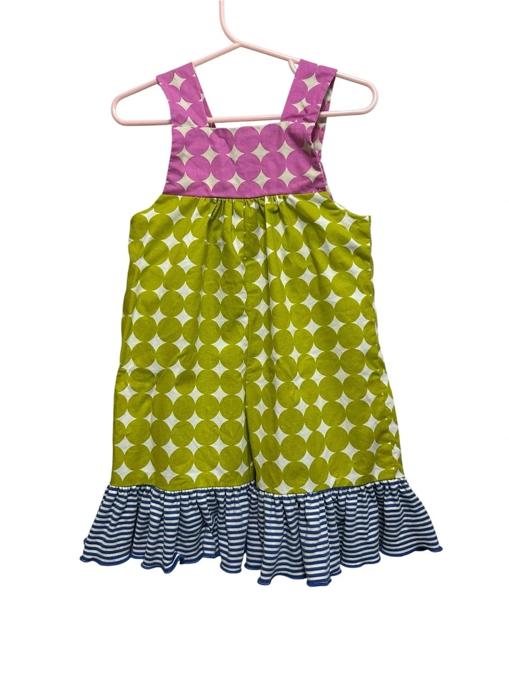 La Jenns. Girls Green & Pink Bicycle Appliqué One-Piece Romper